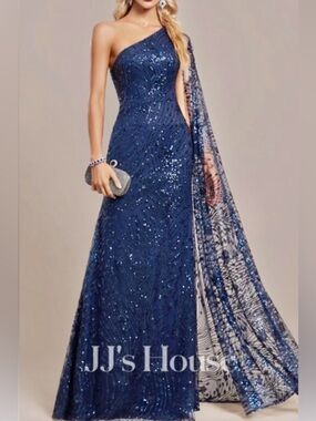 JJs House Navy One-Shoulder Sequin Gown